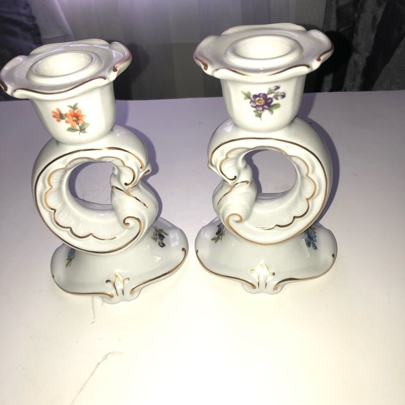 Ornate White and Orange Candlestick Holders - Floral Accents by Weimar Germany - Picture 4 of 7